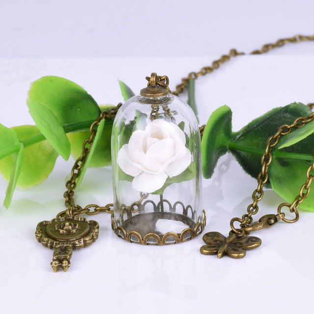 Enchanted Rose Necklace in Glass Dome Jewelry for Women - Available in Multiple Colors