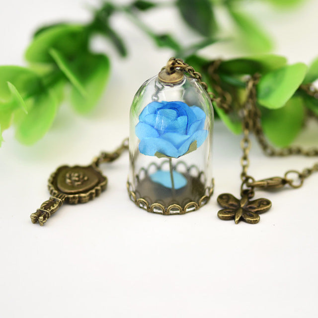 Enchanted Rose Necklace in Glass Dome Jewelry for Women - Available in Multiple Colors