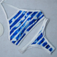 WHITE LINED HALTER TWO PIECE BIKINI SET