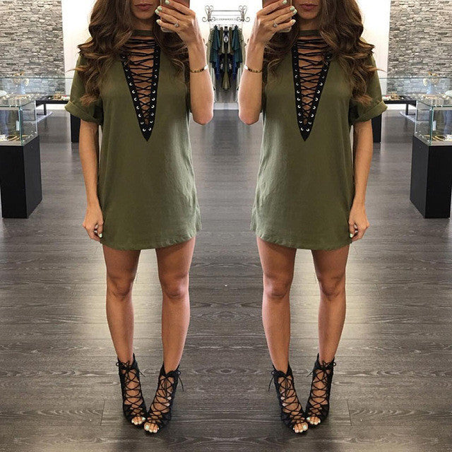 DEEP PLUNGE LACE UP DRESS