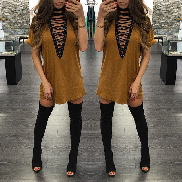 DEEP PLUNGE LACE UP DRESS