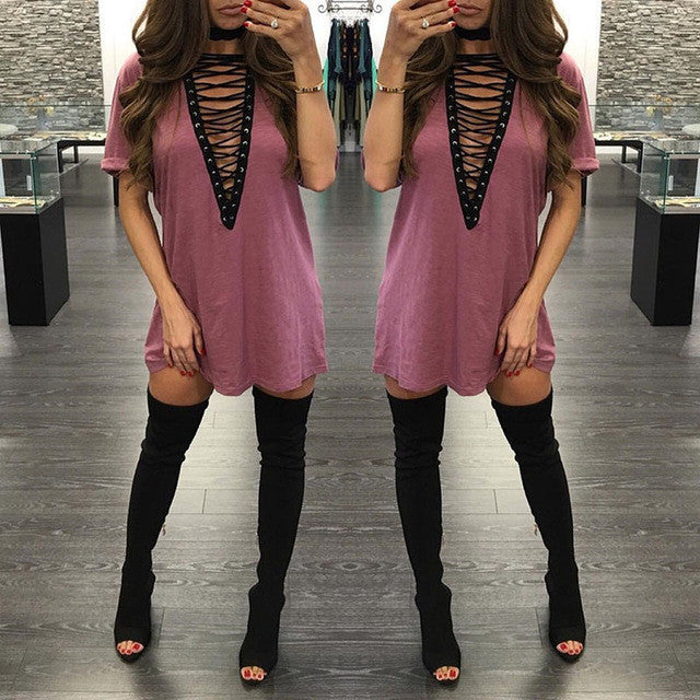 DEEP PLUNGE LACE UP DRESS