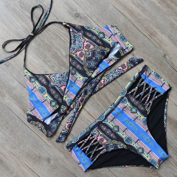 BLUE RETRO TWO PIECE BIKINI SET