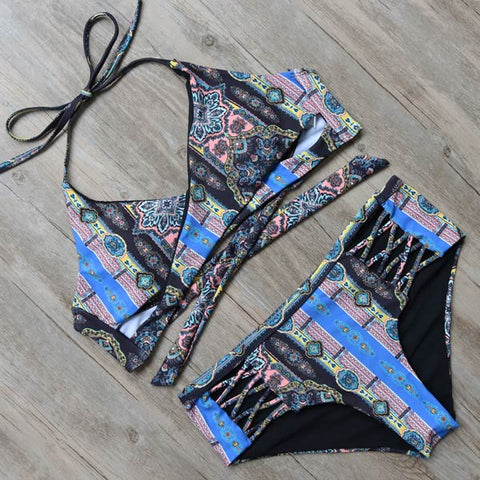 BLUE RETRO TWO PIECE BIKINI SET